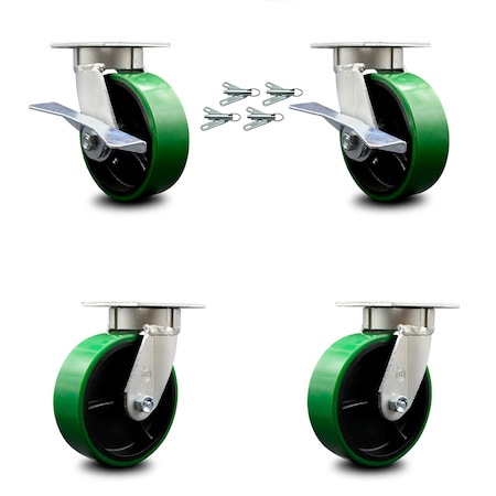 Service Caster 6 Inch Kingpinless Green Poly on Steel Wheel Caster Swivel Locks 2 Brakes, 4PK SCC-KP30S620-PUR-GB-SLB-BSL-2-BSL-2